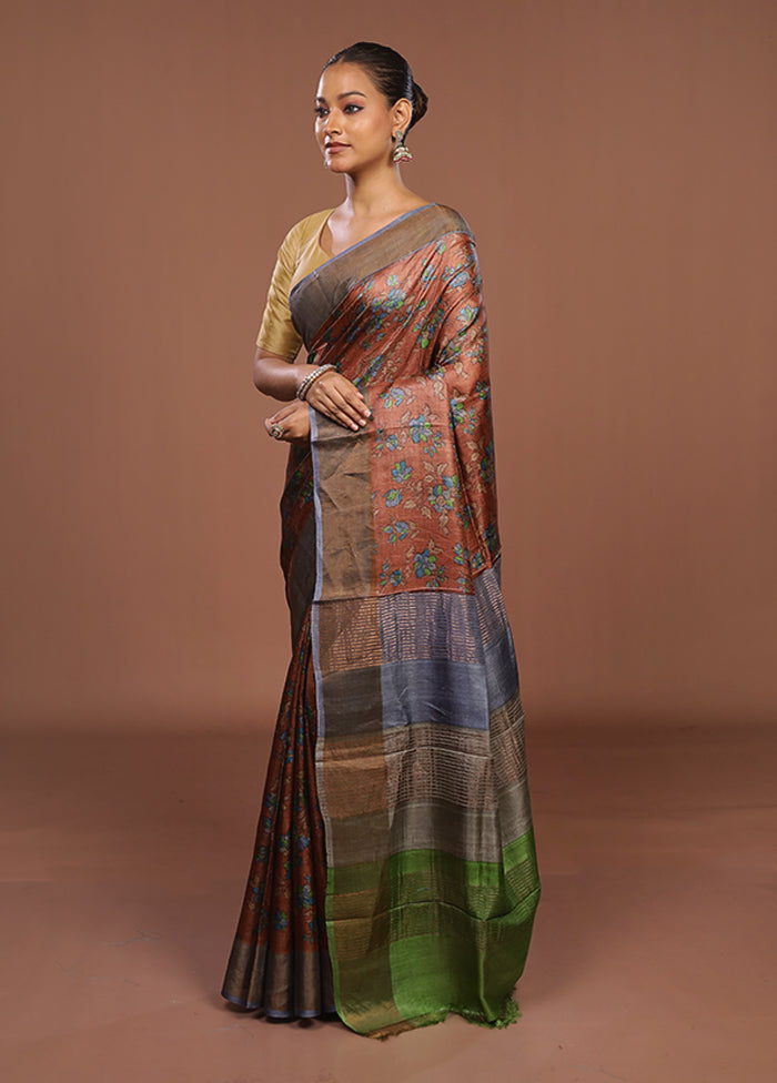 Brown Handloom Tussar Silk Saree With Blouse Piece