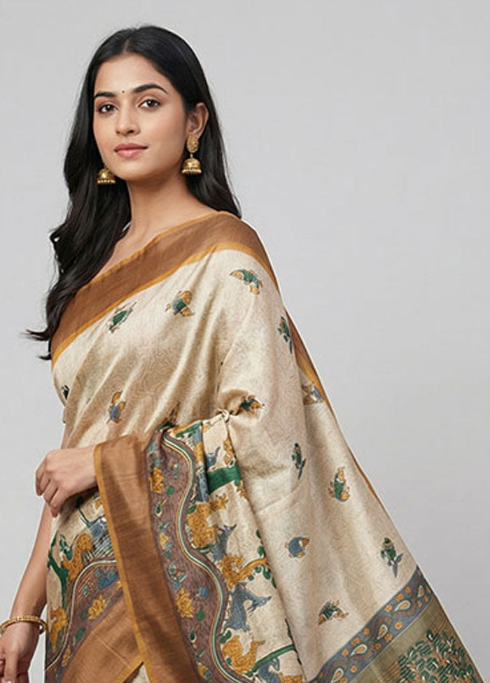 Cream Handloom Tussar Pure Silk Saree With Blouse Piece