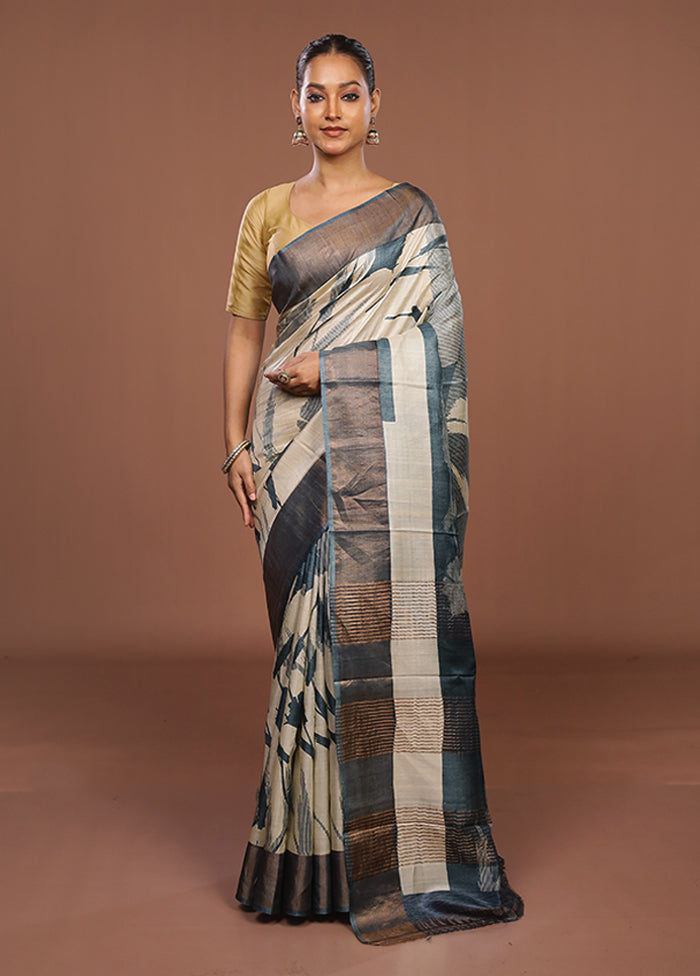 Blue Handloom Tussar Silk Saree With Blouse Piece