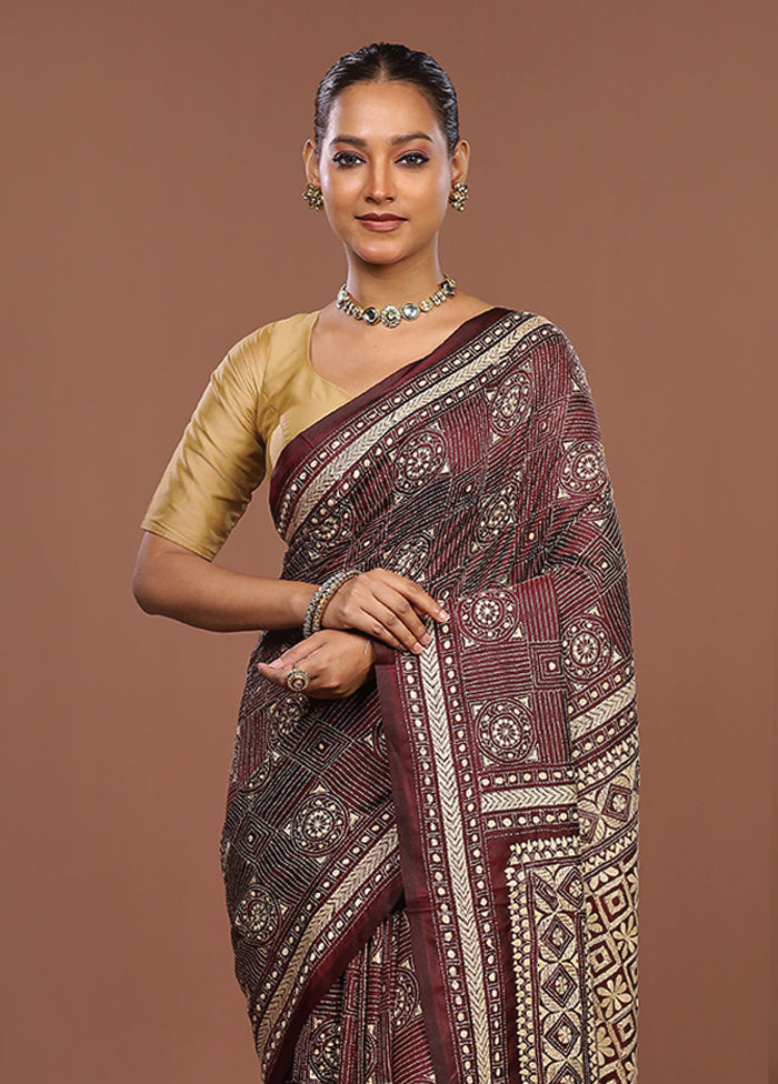 Maroon Handloom Kantha Stitch Pure Silk Saree With Blouse Piece