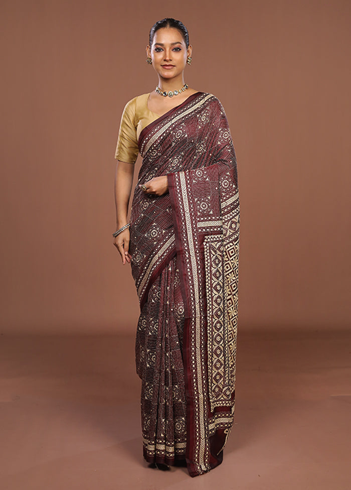 Maroon Handloom Kantha Stitch Pure Silk Saree With Blouse Piece