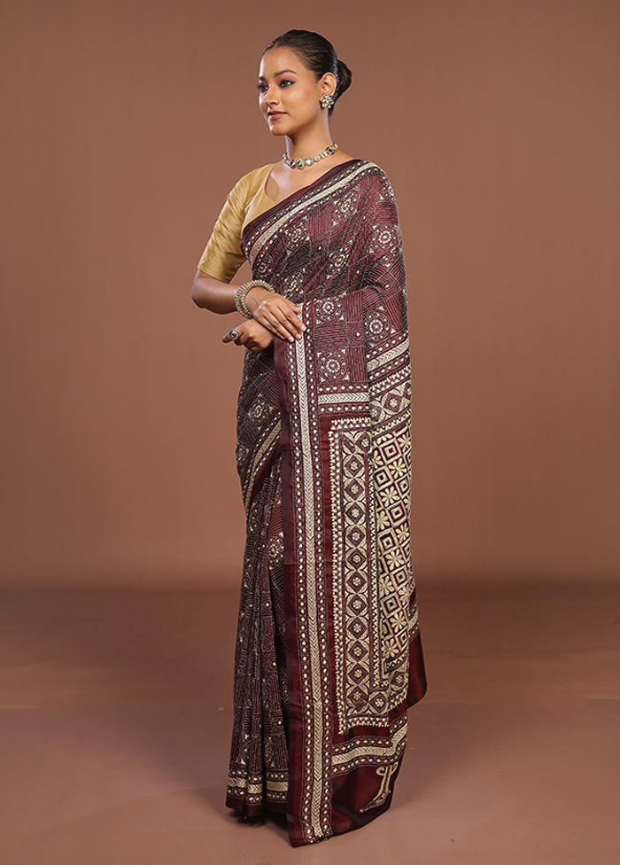 Maroon Handloom Kantha Stitch Pure Silk Saree With Blouse Piece