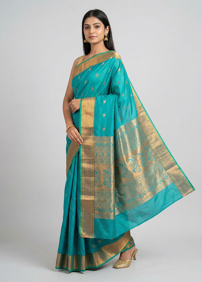 Blue Kanjivaram Silk Saree With Blouse Piece