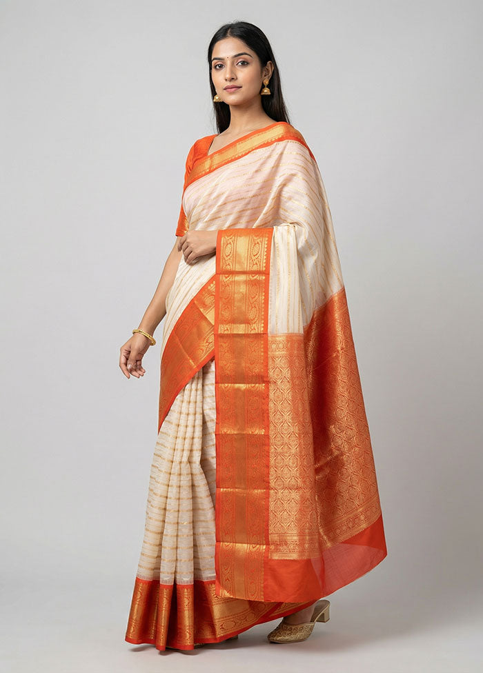 White Kanjivaram Silk Saree With Blouse Piece
