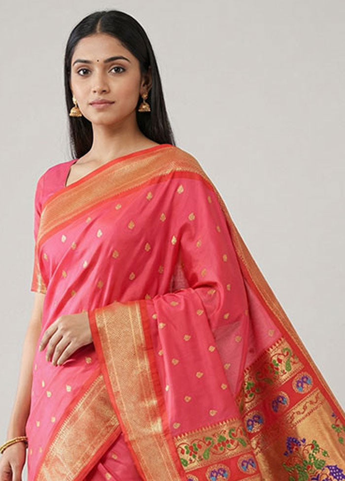Pink Kanjivaram Silk Saree With Blouse Piece