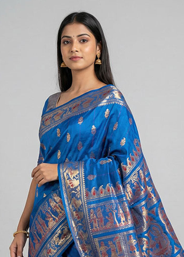 Blue Handloom Baluchari Pure Silk Saree With Blouse Piece