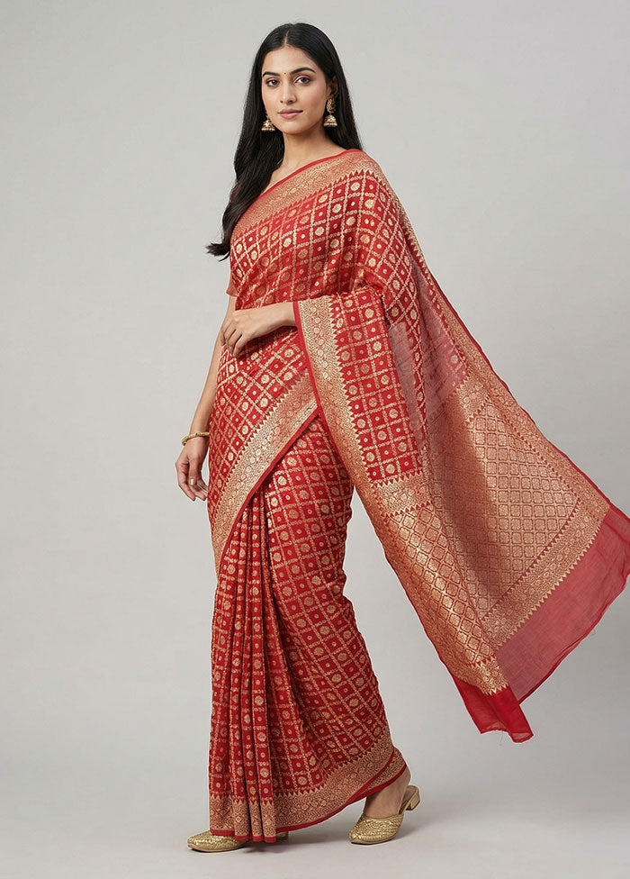 Red Handloom Pure Georgette Saree With Blouse Piece