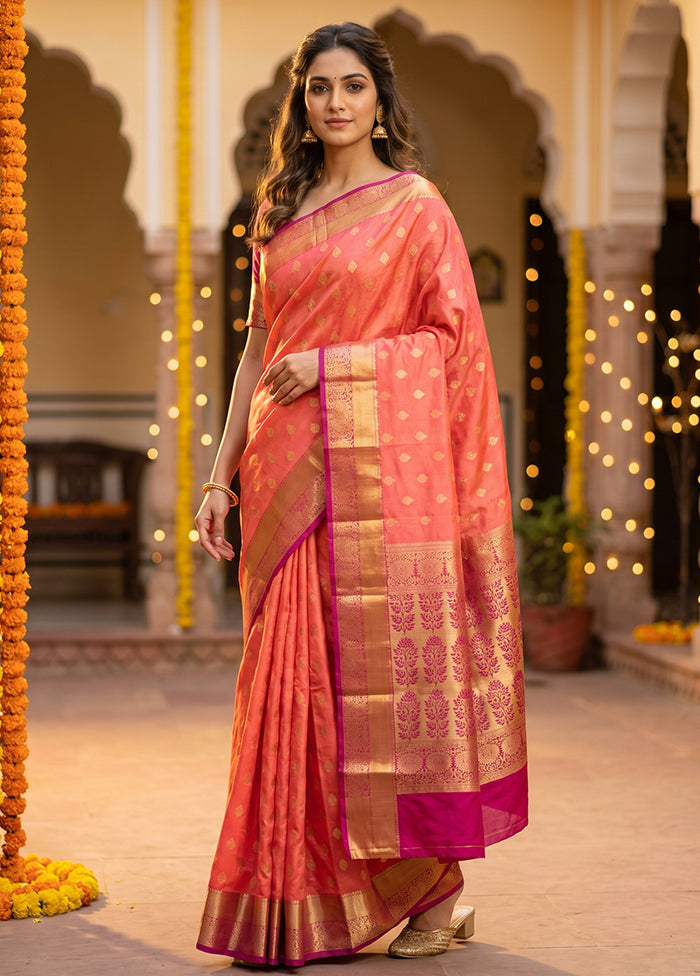 Pink Handloom Kanjivaram Pure Silk Saree With Blouse Piece