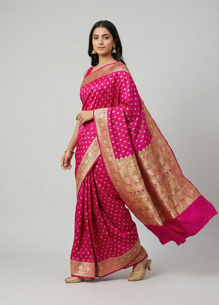 Pink Handloom Banarasi Pure Silk Saree With Blouse Piece
