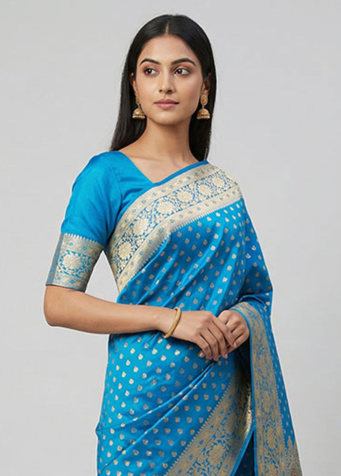 Blue Handloom Banarasi Pure Silk Saree With Blouse Piece