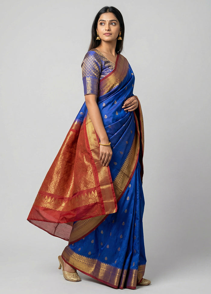Blue Gadwal Silk Saree Without Blouse Piece