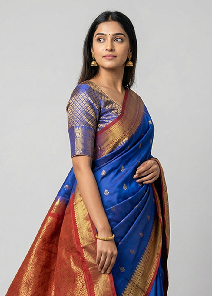Blue Gadwal Silk Saree Without Blouse Piece