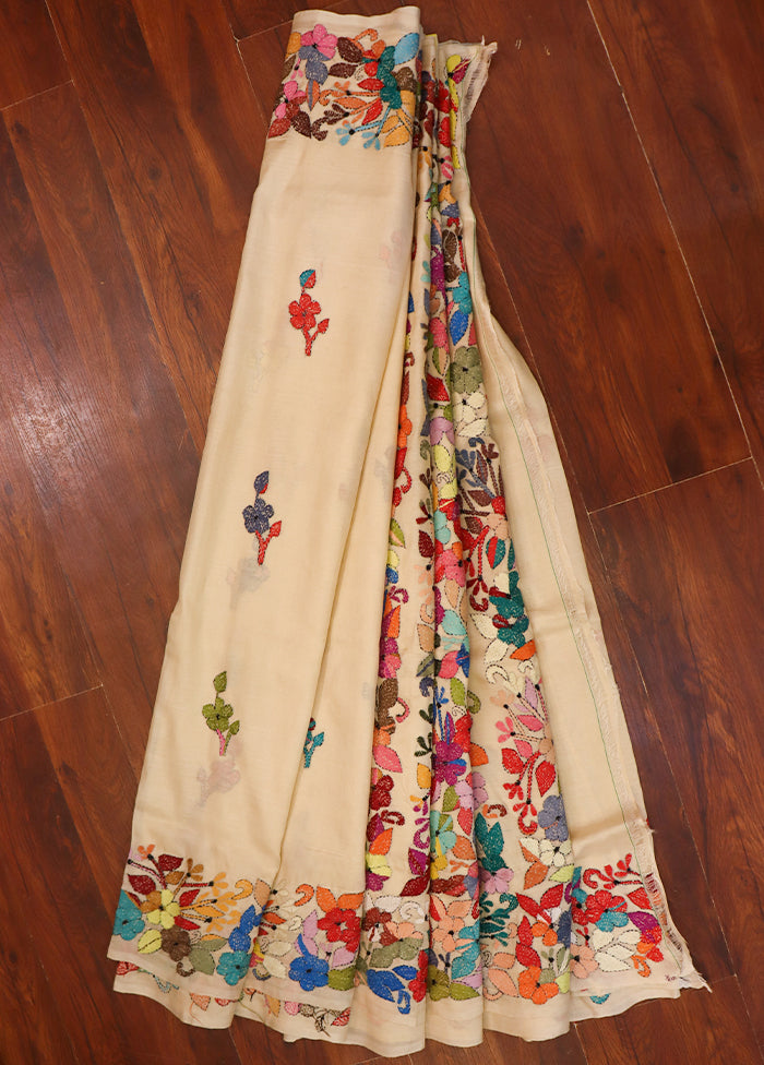 Cream Handloom Kantha Stitch Pure Silk Saree With Blouse Piece