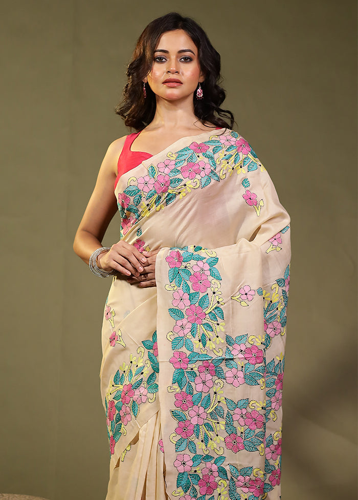 Cream Handloom Kantha Stitch Pure Silk Saree With Blouse Piece