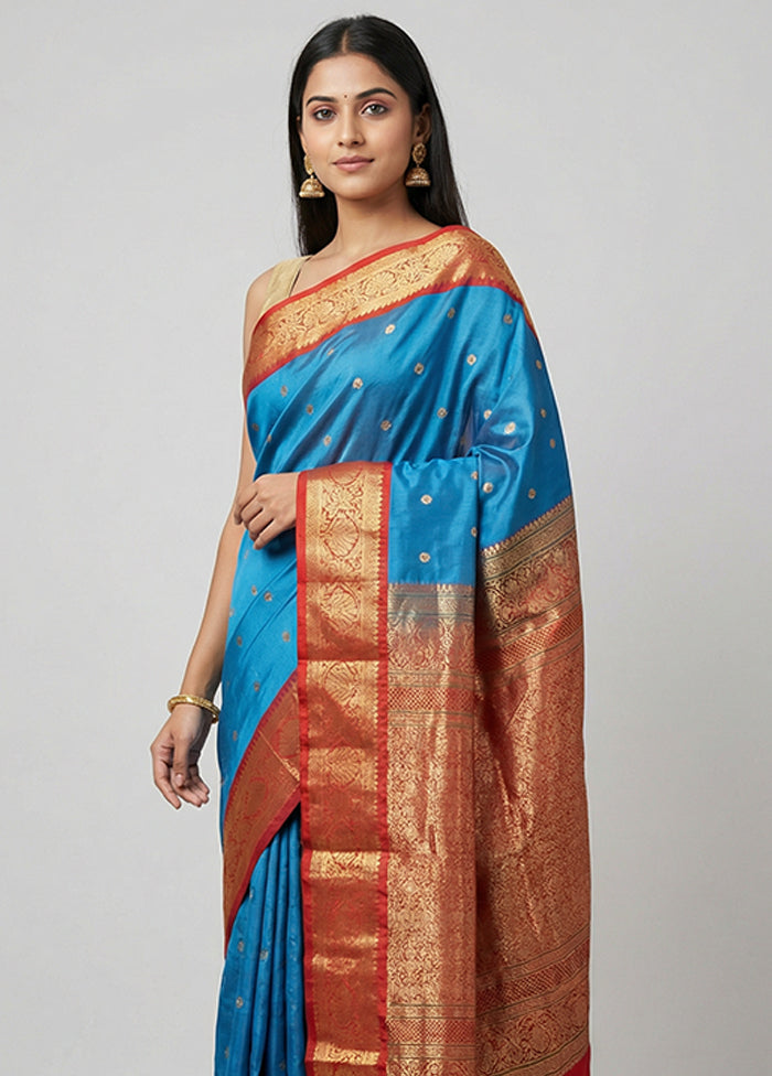 Blue Kanjivaram Silk Saree With Blouse Piece