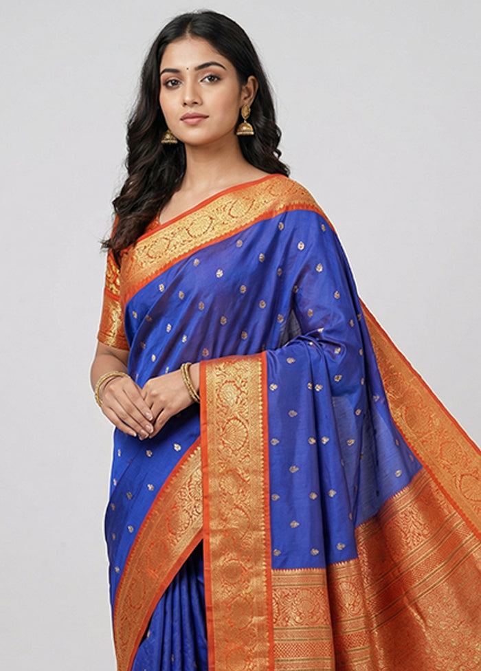 Blue Kanjivaram Silk Saree With Blouse Piece