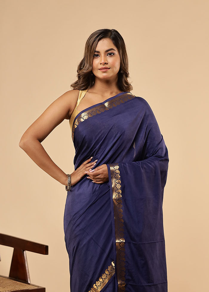 Blue Printed Silk Saree With Blouse Piece