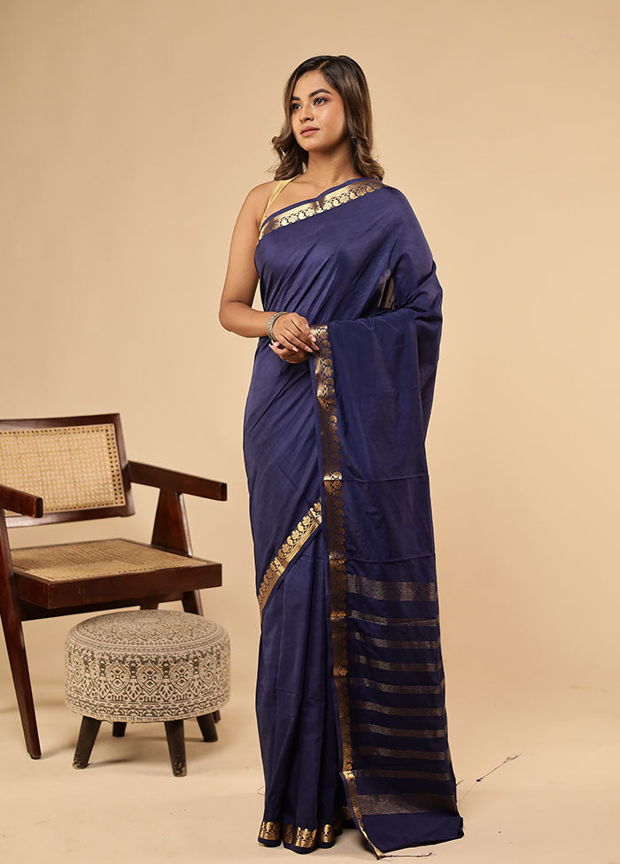 Blue Printed Silk Saree With Blouse Piece