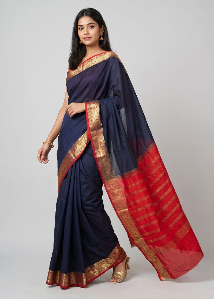 Blue Printed Silk Saree Without Blouse Piece
