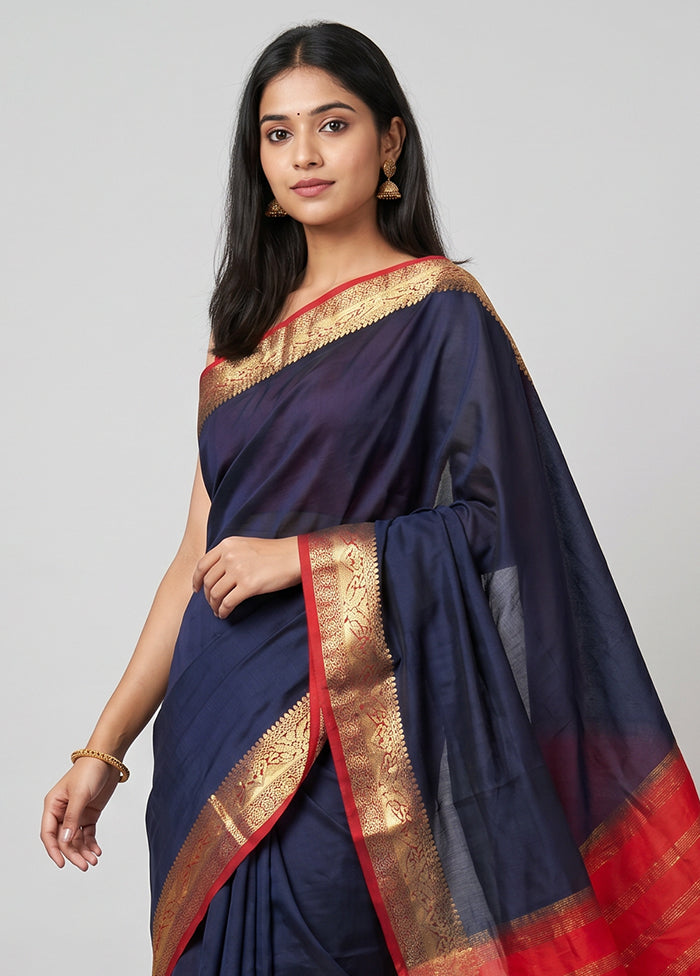 Blue Printed Silk Saree Without Blouse Piece