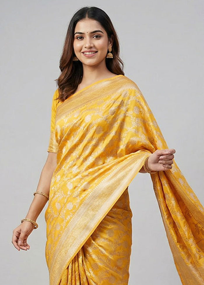 Yellow Kora Silk Saree With Blouse Piece