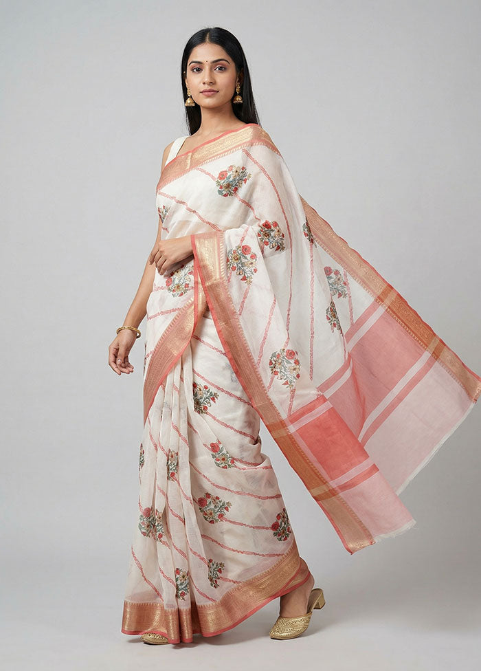 Cream Kora Silk Saree With Blouse Piece