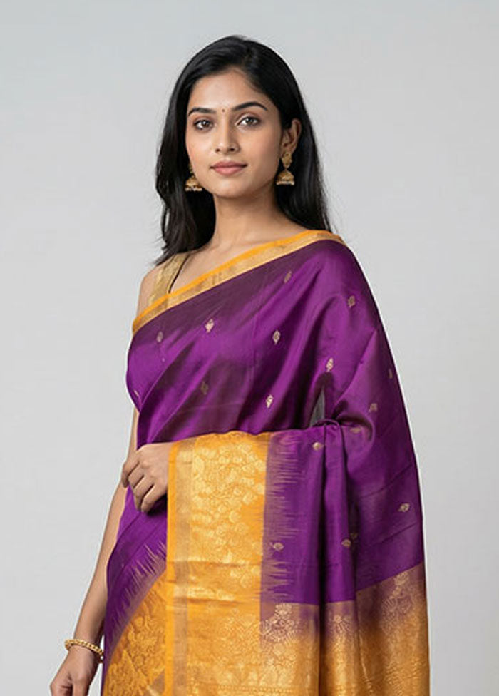 Purple Handloom Kanchipuram Pure Silk Saree With Blouse Piece