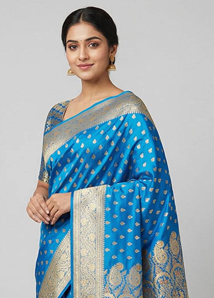 Blue Handloom Banarasi Pure Silk Saree With Blouse Piece