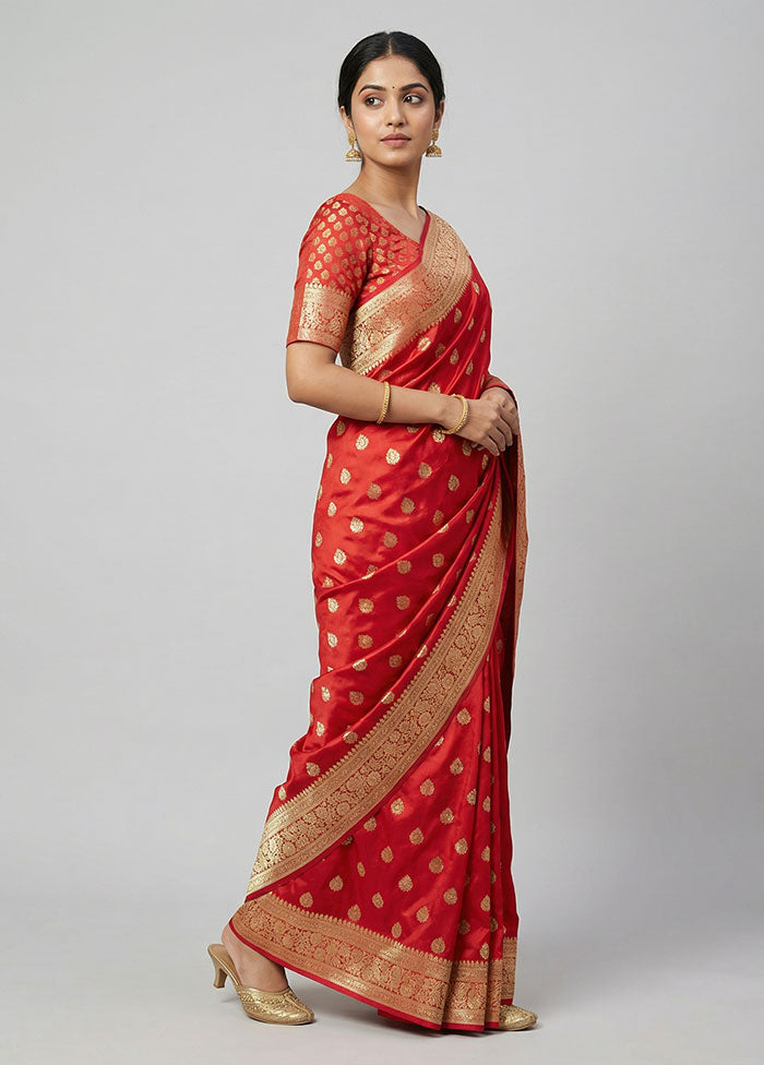 Red Handloom Banarasi Pure Silk Saree With Blouse Piece