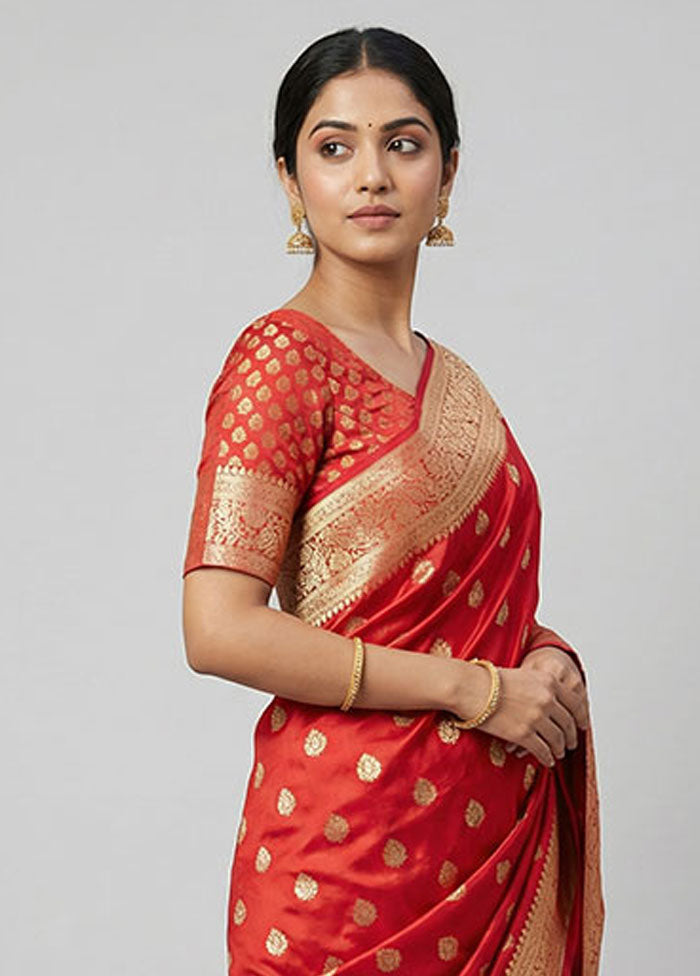 Red Handloom Banarasi Pure Silk Saree With Blouse Piece
