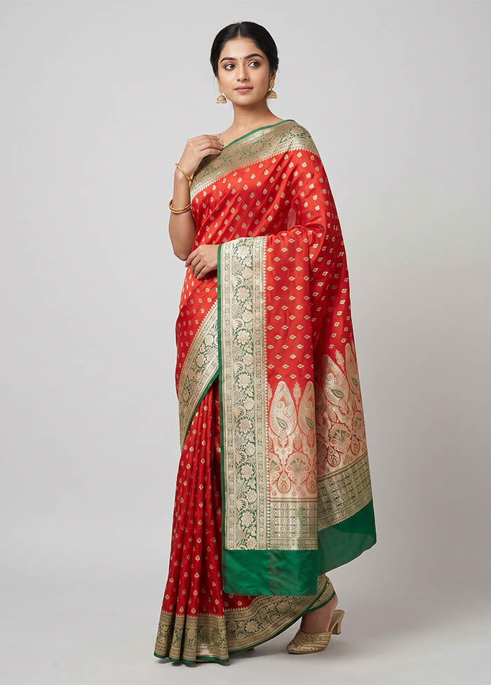 Red Handloom Banarasi Pure Silk Saree With Blouse Piece