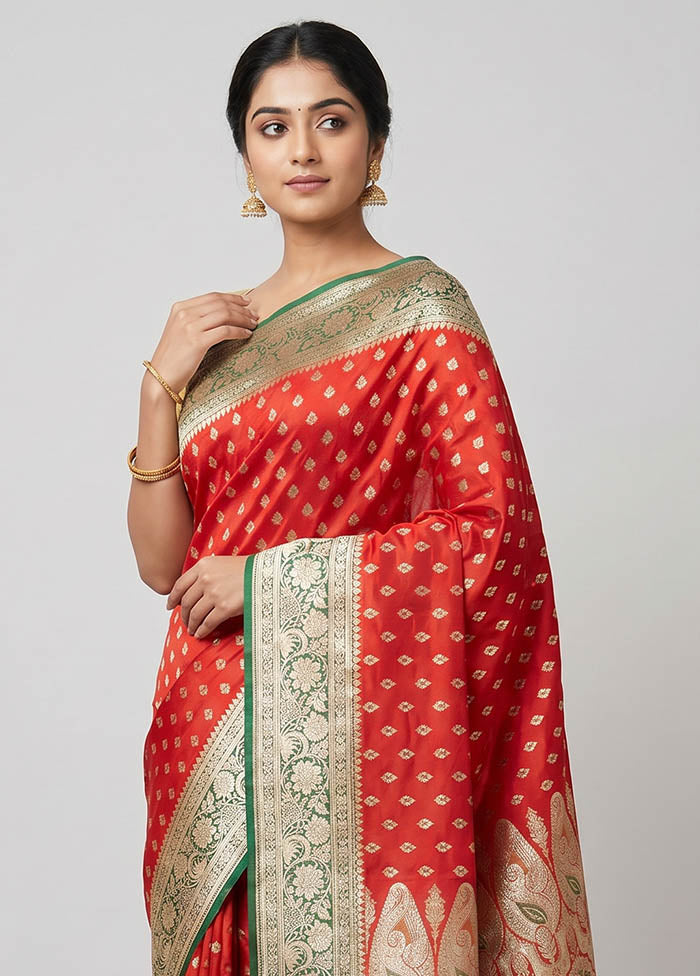 Red Handloom Banarasi Pure Silk Saree With Blouse Piece