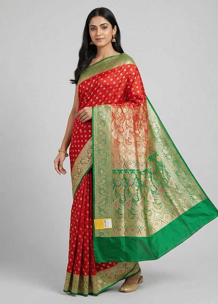 Red Handloom Banarasi Pure Silk Saree With Blouse Piece