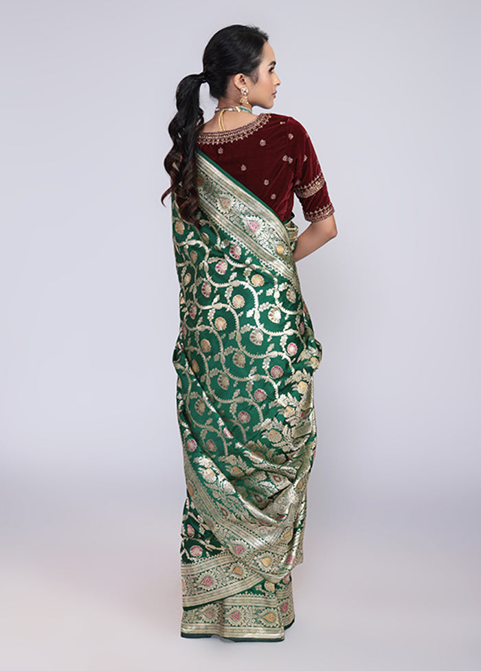 Green Handloom Banarasi Pure Silk Saree With Blouse Piece