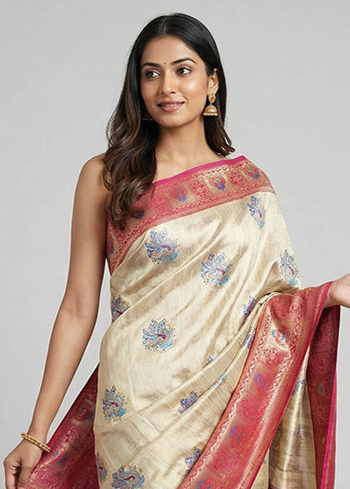 Cream Dupion Silk Saree With Blouse Piece
