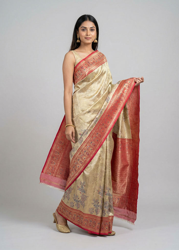 Cream Dupion Silk Saree With Blouse Piece