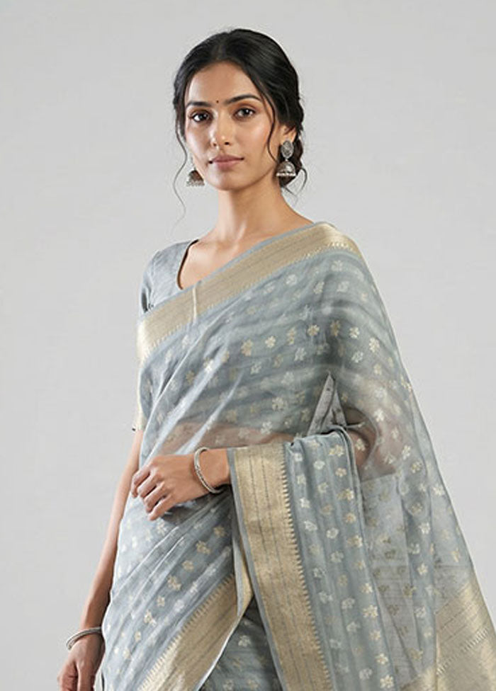 Grey Pure Cotton Saree With Blouse Piece