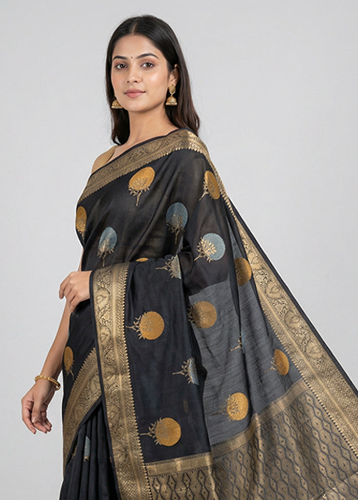 Black Kora Silk Saree With Blouse Piece