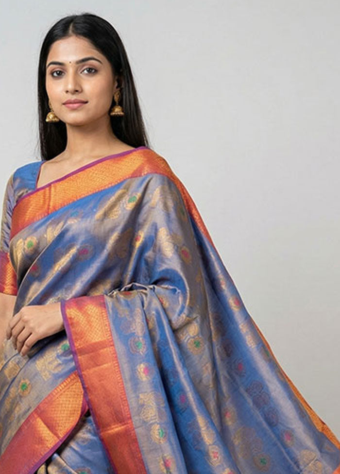 Blue Dupion Silk Saree With Blouse Piece