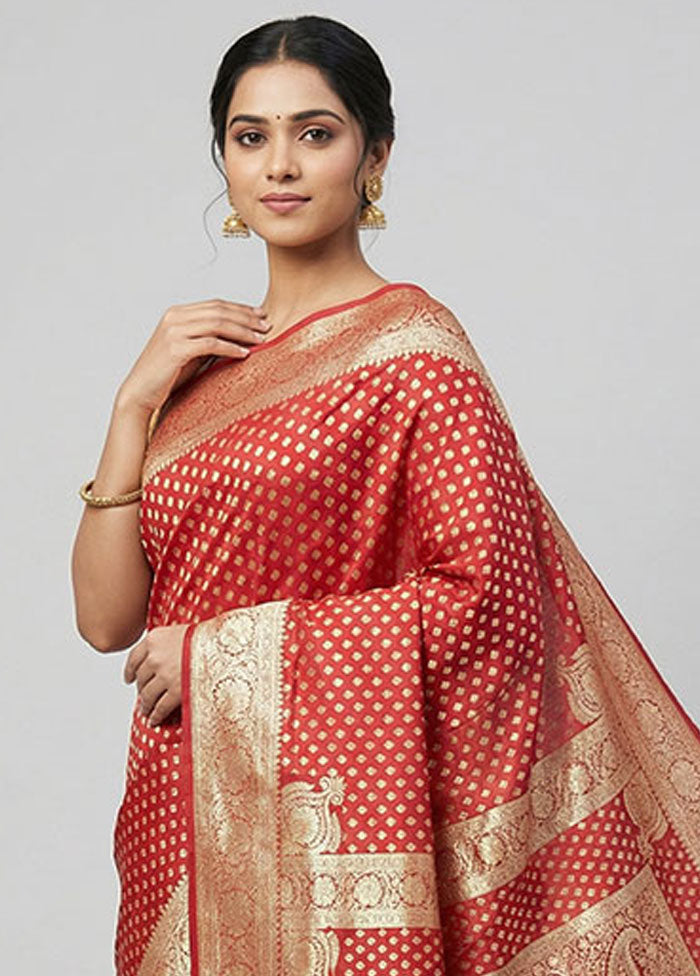 Red Banarasi Silk Saree With Blouse Piece