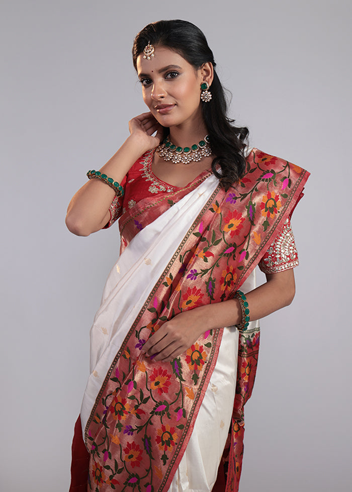 White Handloom Katan Pure Silk Saree With Blouse Piece