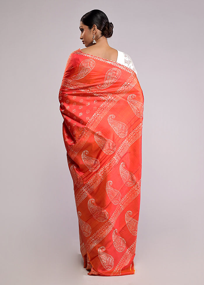 Orange Printed Silk Saree Without Blouse Piece