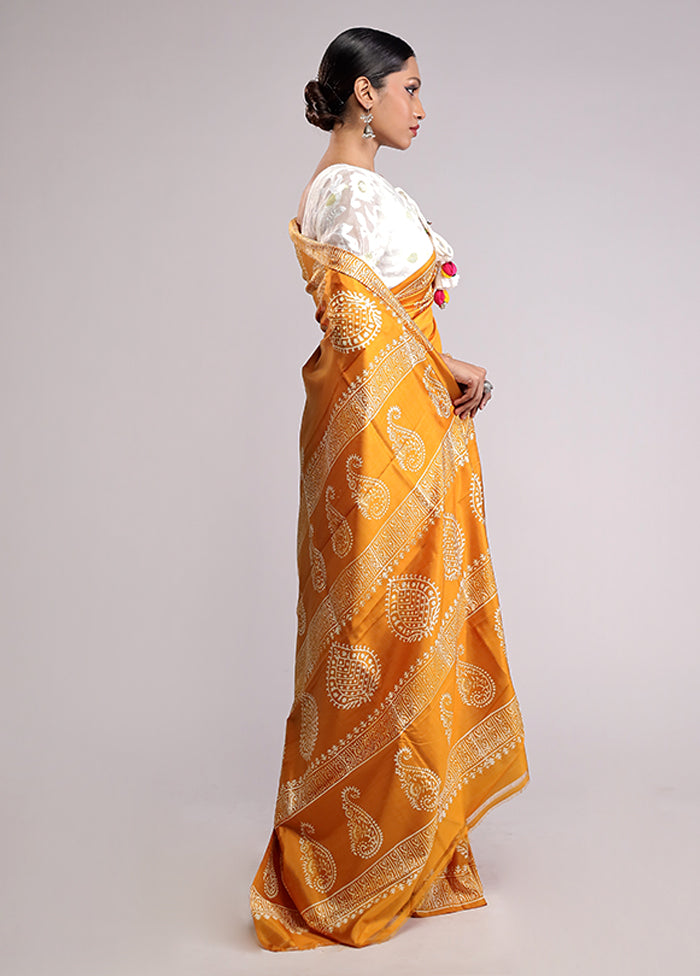 Yellow Printed Silk Saree Without Blouse Piece