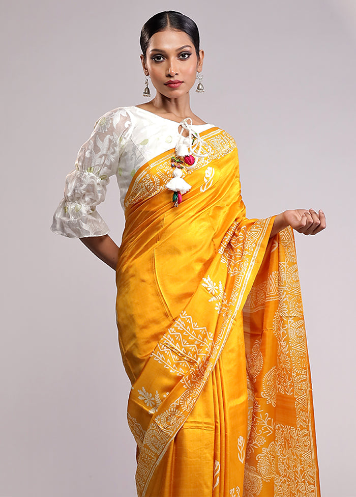 Yellow Printed Silk Saree Without Blouse Piece