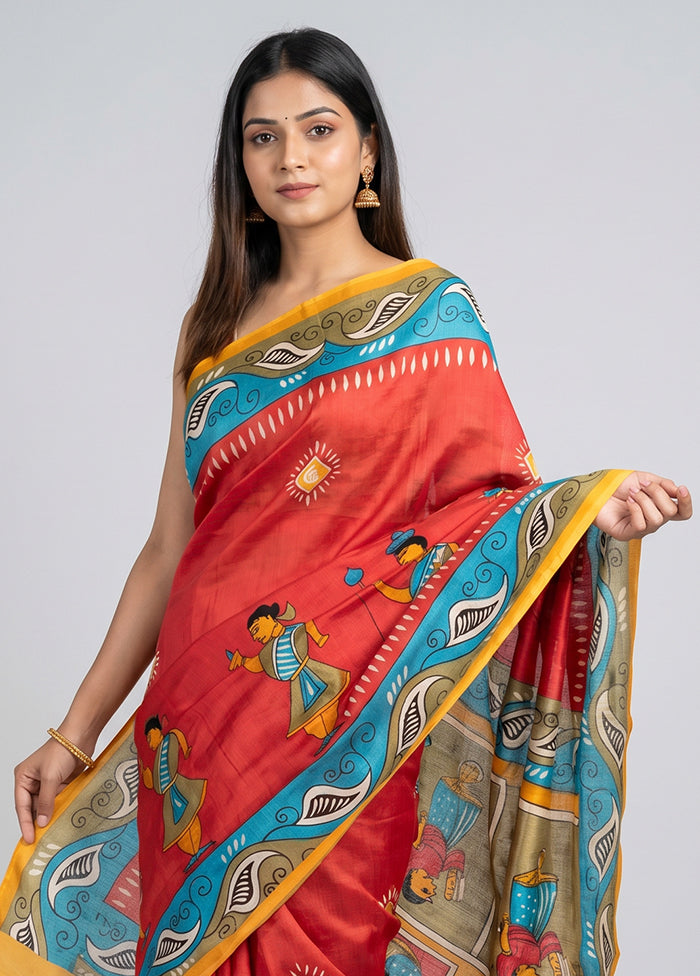 Red Printed Silk Saree Without Blouse Piece