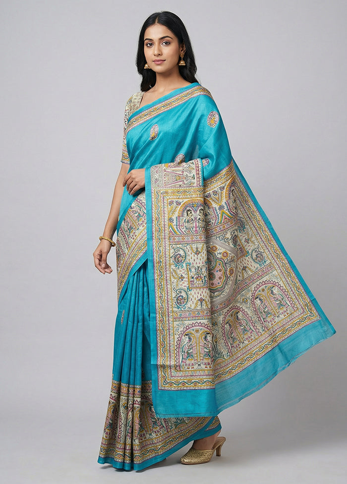 Blue Printed Pure Silk Saree Without Blouse Piece