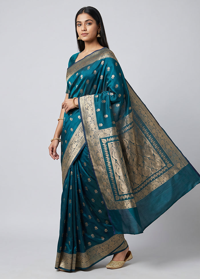 Blue Banarasi Silk Saree With Blouse Piece