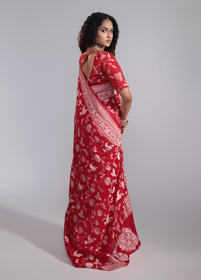 Red Handloom Pure Georgette Saree With Blouse Piece