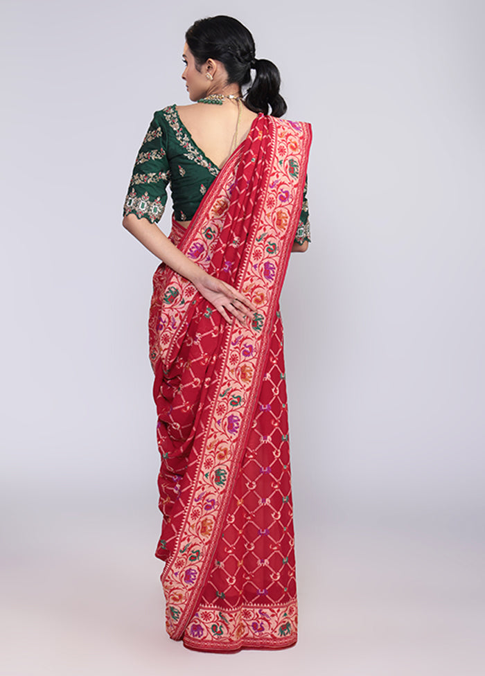 Red Handloom Pure Georgette Saree With Blouse Piece
