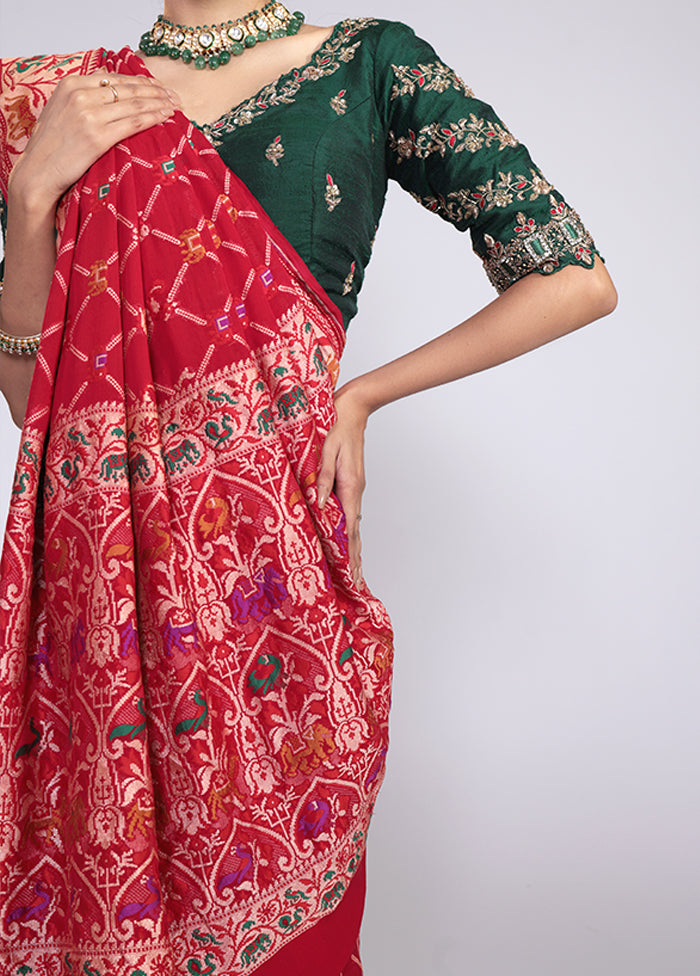 Red Handloom Pure Georgette Saree With Blouse Piece